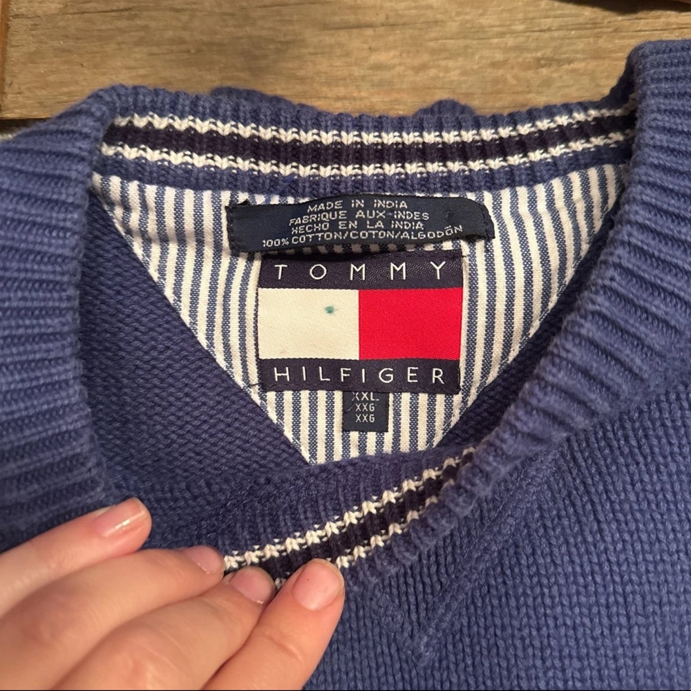 Vintage TOMMY HILFIGER Heavy Cotton Navy Knit V-Neck Sweater -Men Sz L